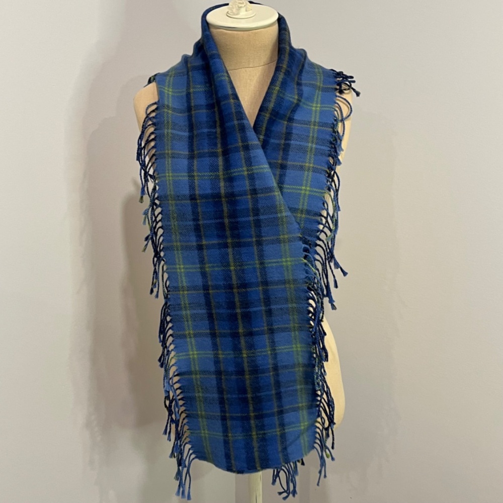 Descours Paris Womens Vintage Blue Plaid Scarf Wool Woolmark